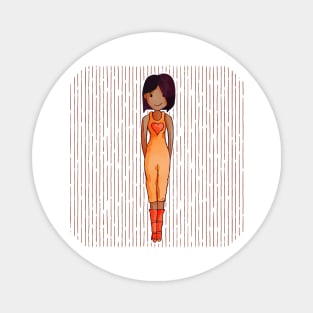 Cute brown girl with dark hair wearing an orange outfit with a red heart. Magnet